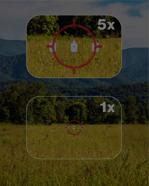 Field with a magnified area showing a magnifier target and zoom levels.