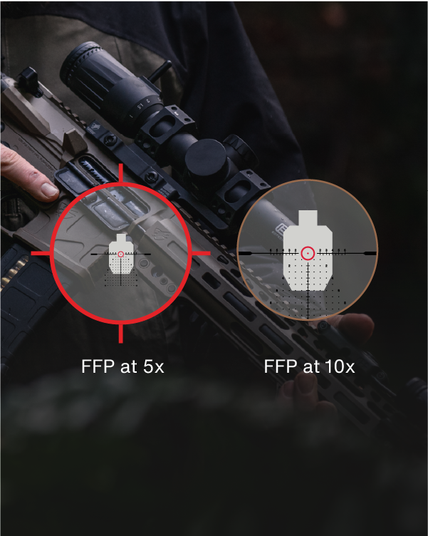 Close-up of a EOTECH Vudu rifle scope with magnification indicators on a dark background