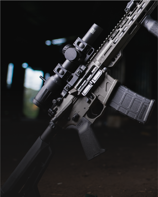 Black rifle with EOTECH Vudu black scope on a dark background