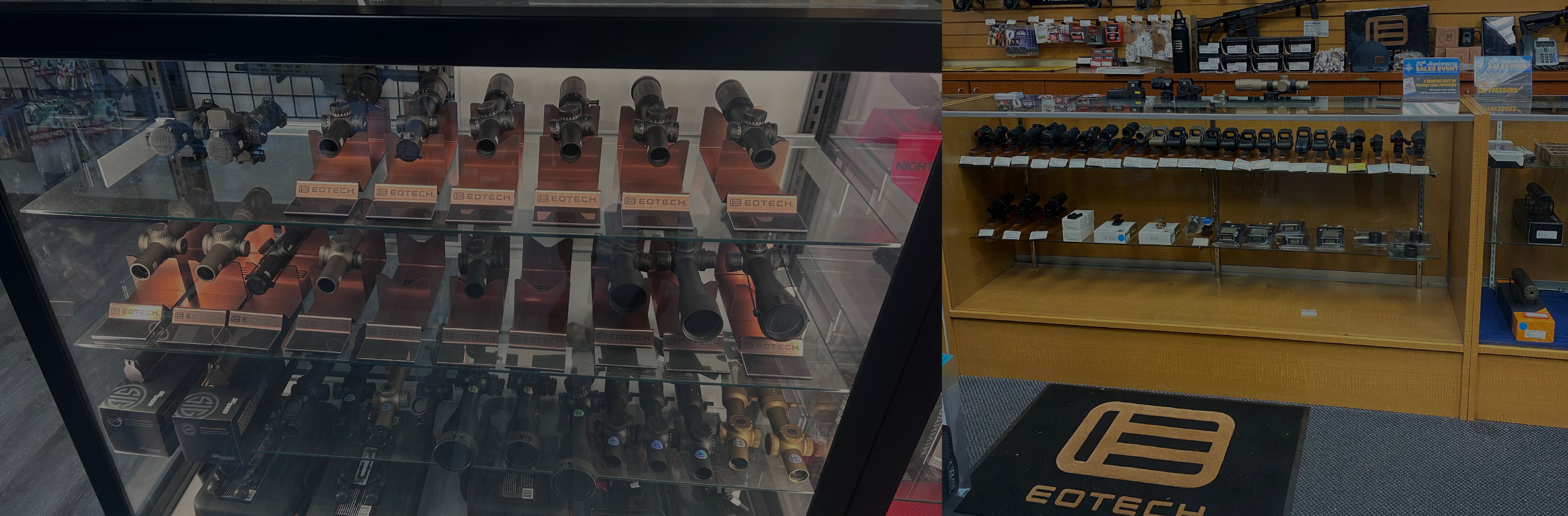 Display of firearms and optics in a store with Eotech logo on the floor.
