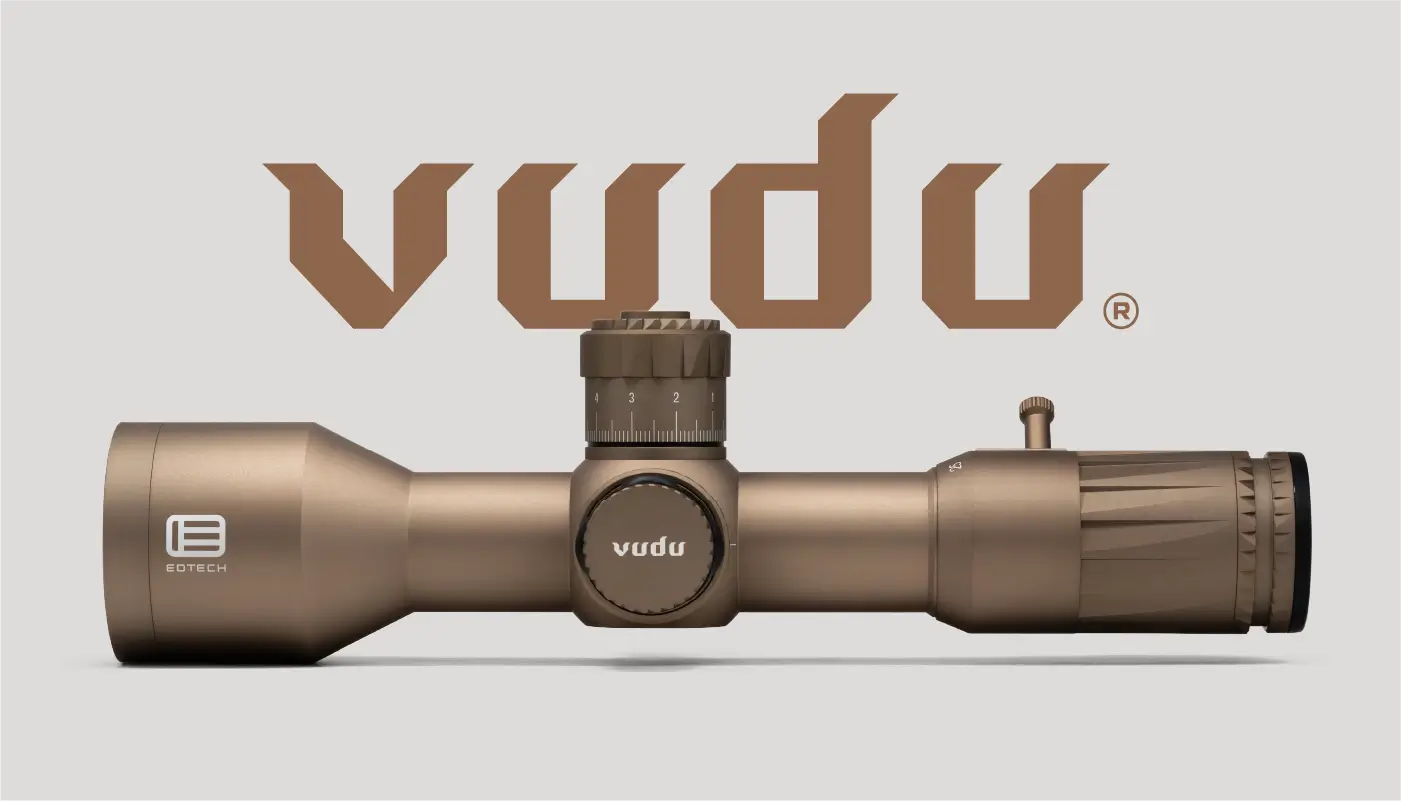 Tan EOTECH Vudu rifle scope on a light gray background