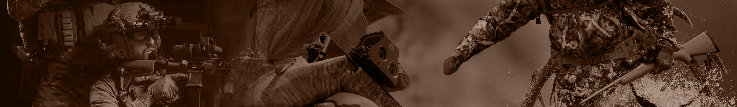 Collage of three images featuring military or tactical gear with a focus on EOTECH HWS and Vudu optics with copper overlay