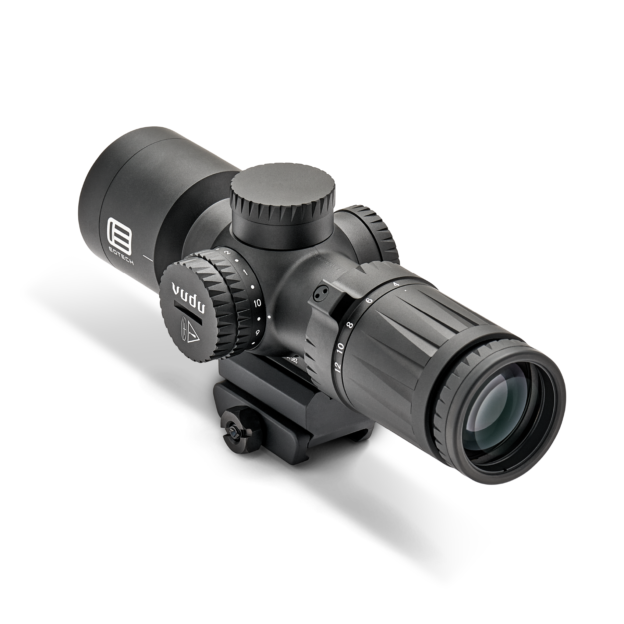 Vudu 4-12 riflescope with EOTECH logo on a white background left side at angle