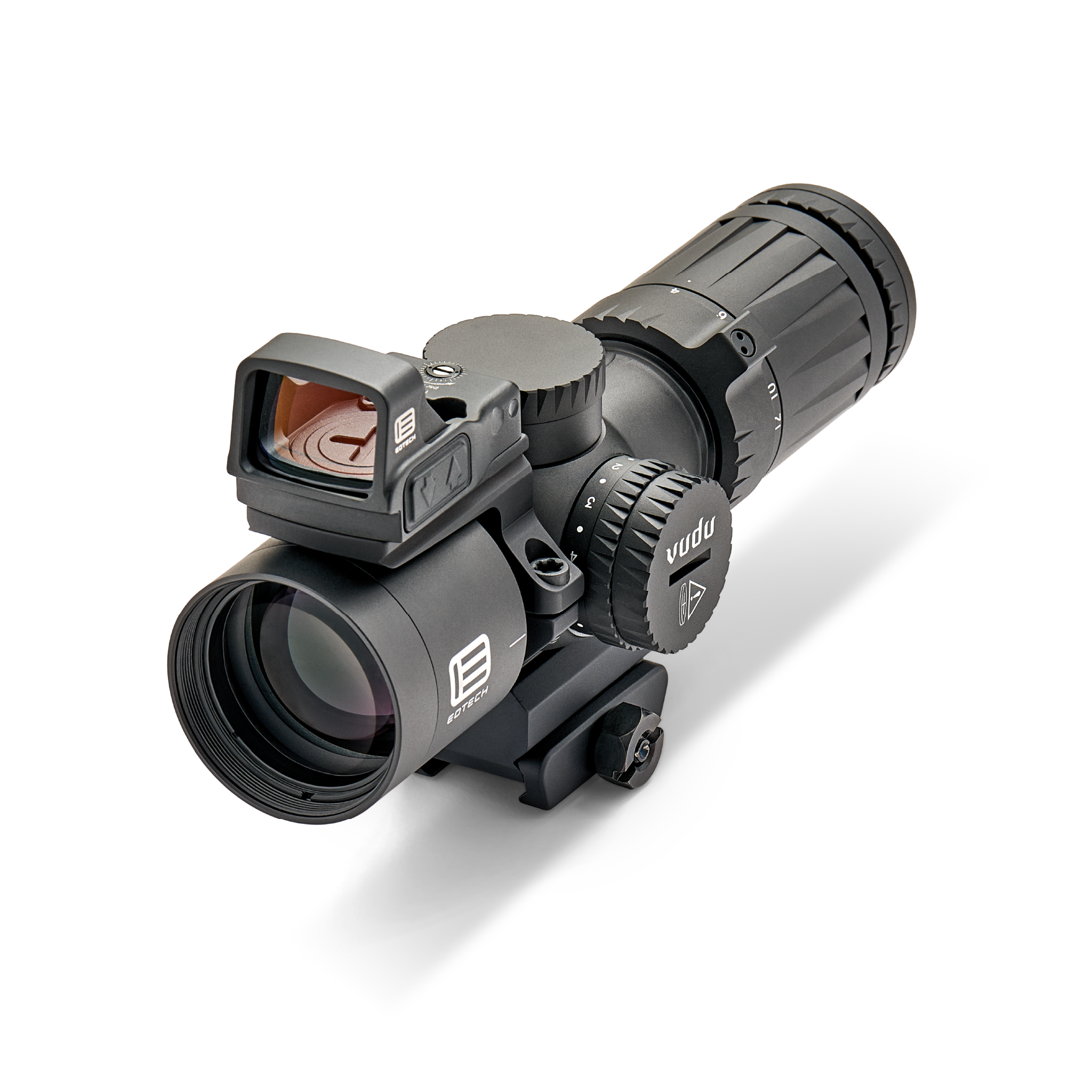 Vudu 4-12 riflescope with EOTECH logo on a white background left side with EFLX at angle