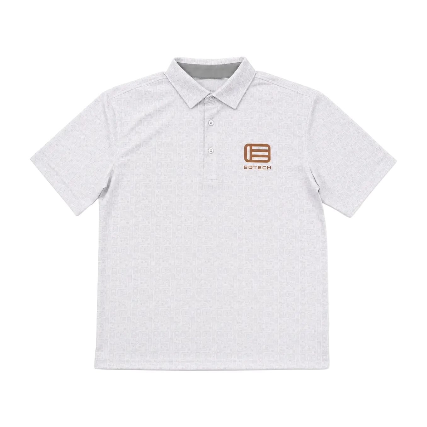 A light gray heathered short-sleeve polo shirt with a small brown embroidered EOTECH logo on the left chest, displayed on a solid white background.