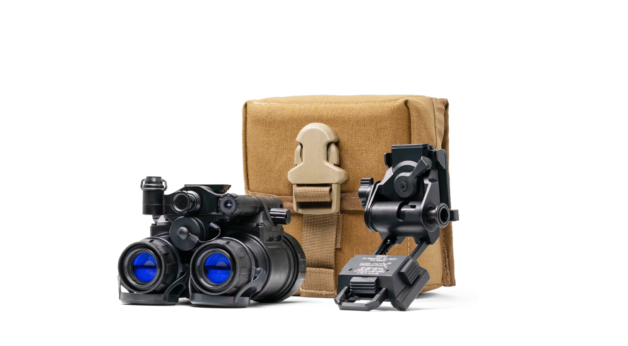 Night vision goggles with mount and brown pouch on a white background
