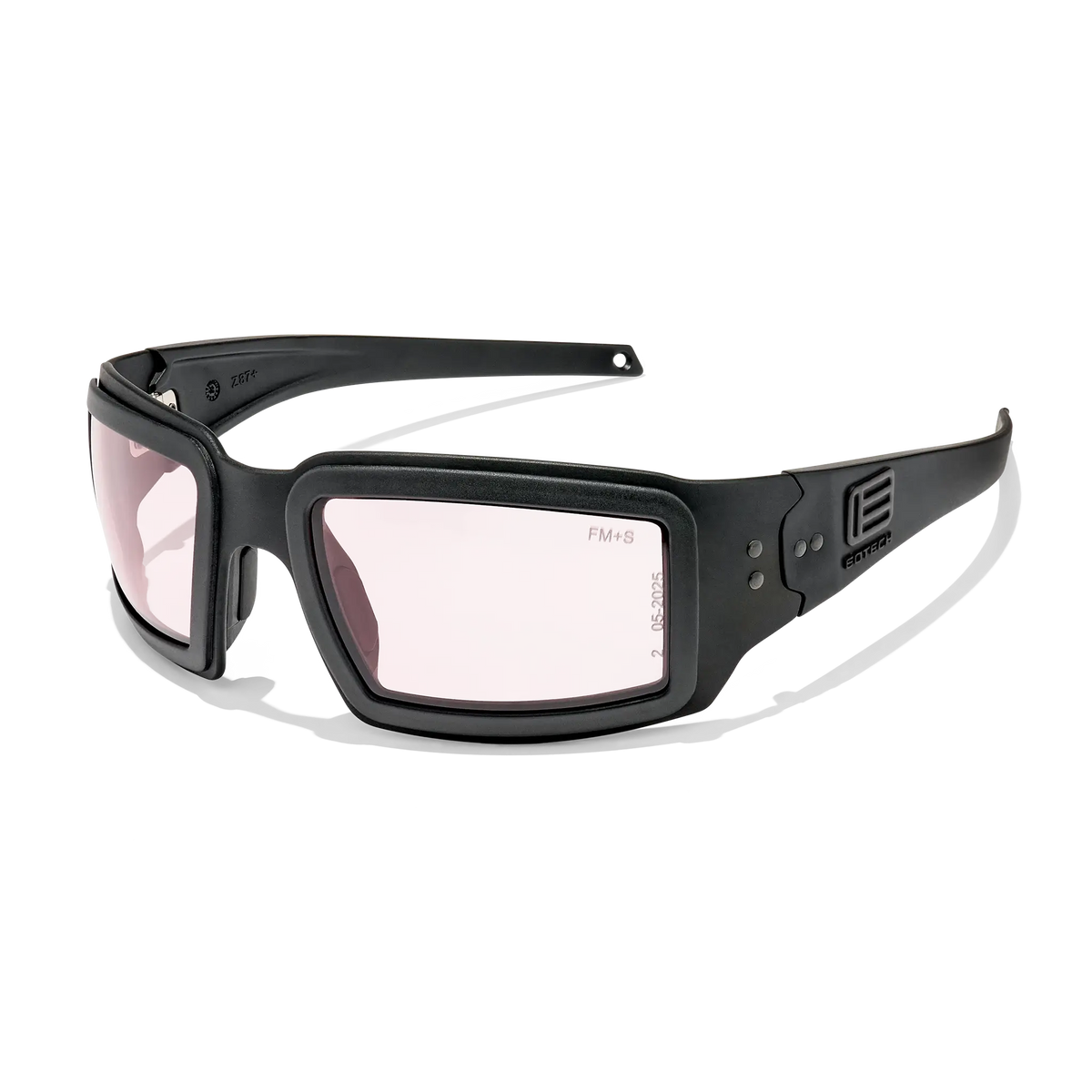 EOTECH x Fast Metal Halen ballistic protective glasses with black frame, rose-tinted lenses, and EOTECH temple logo, angled left view