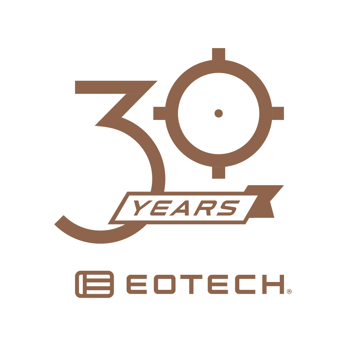 Eotech logo celebrating 30 years with a copper design on a white background