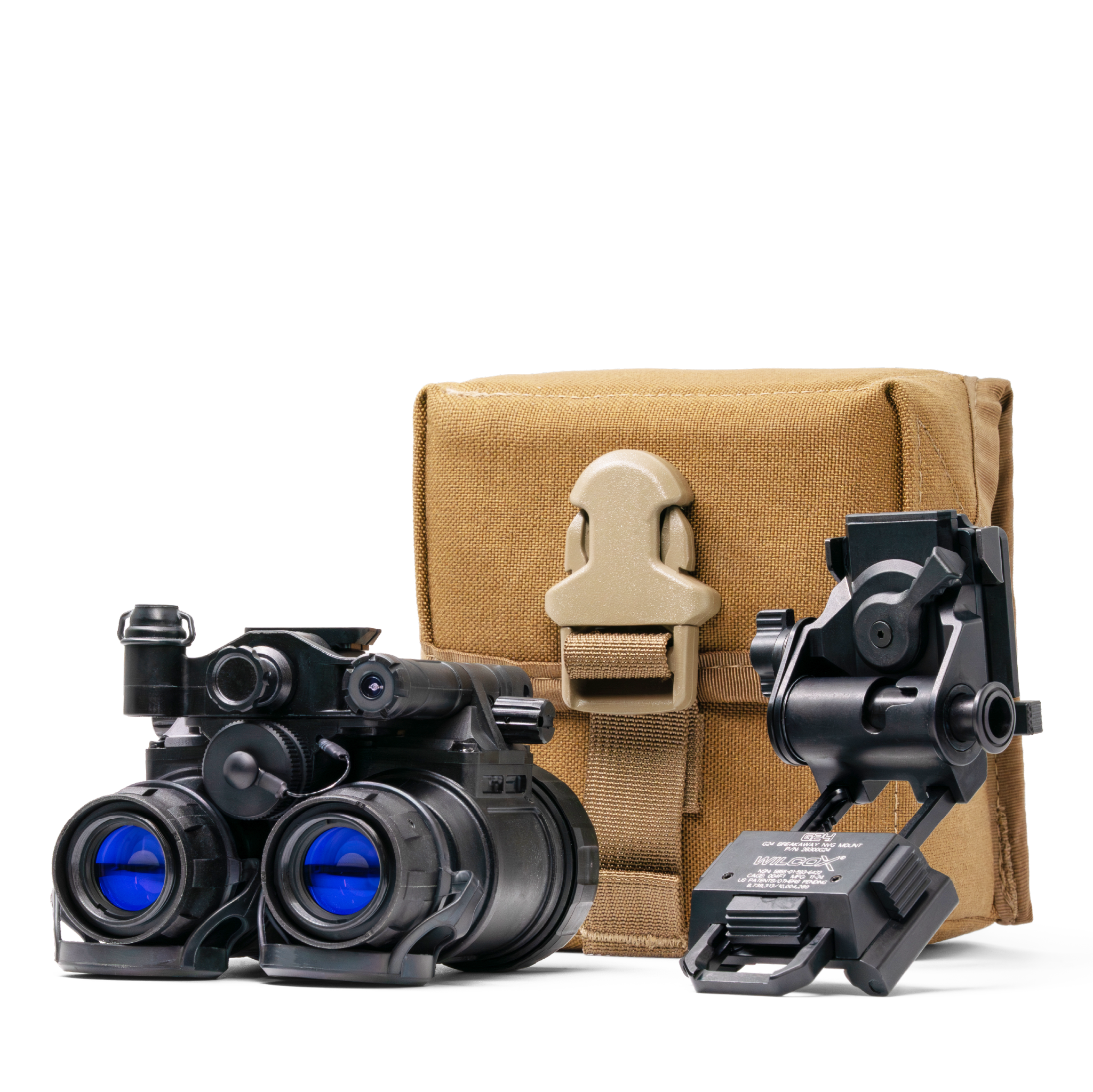 Tan Tactical pouch with EOTECH night vision binos and mount on a white background