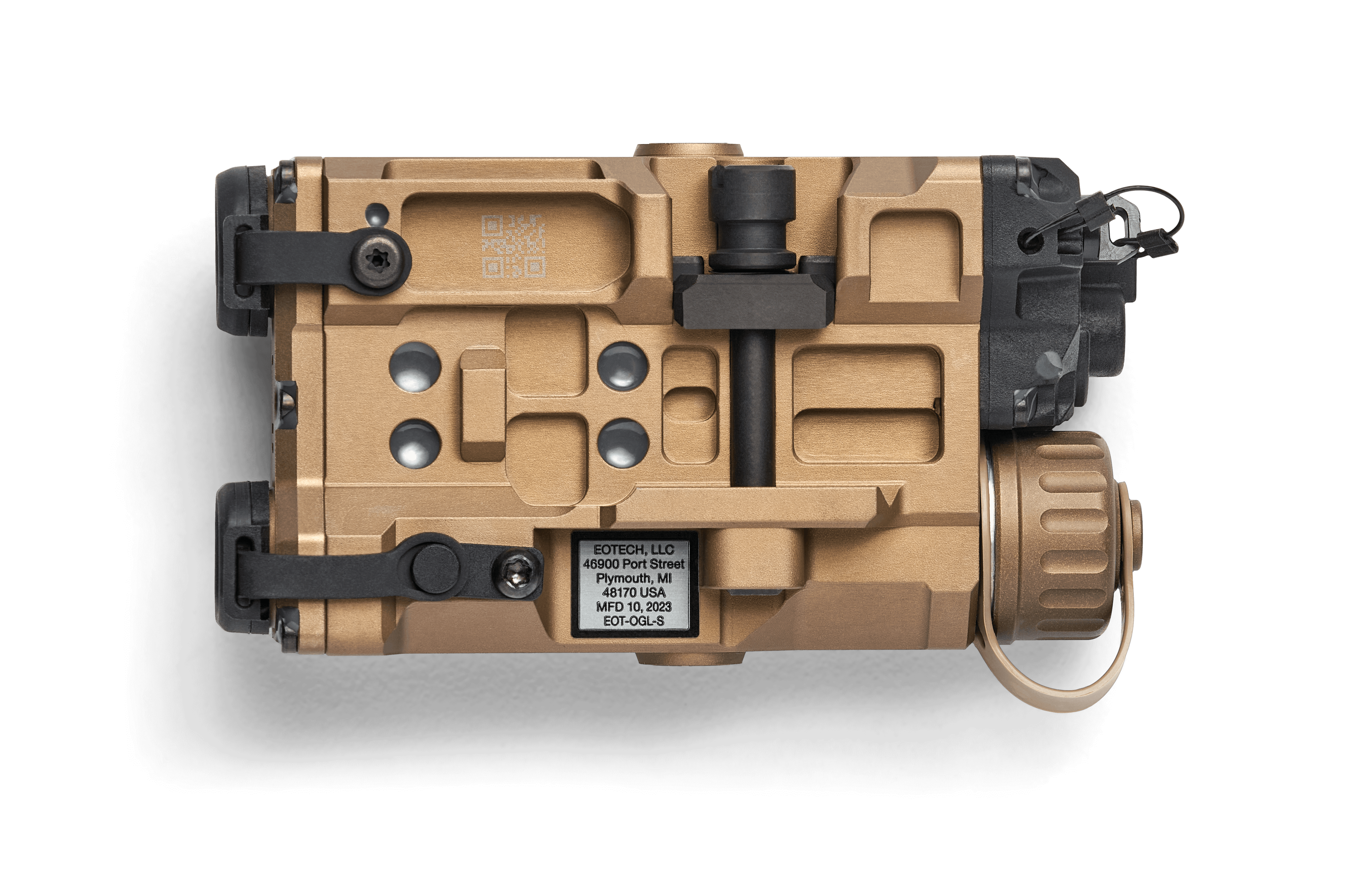 Tan EOTECH OGL On Gun Laser bottom view on white background.