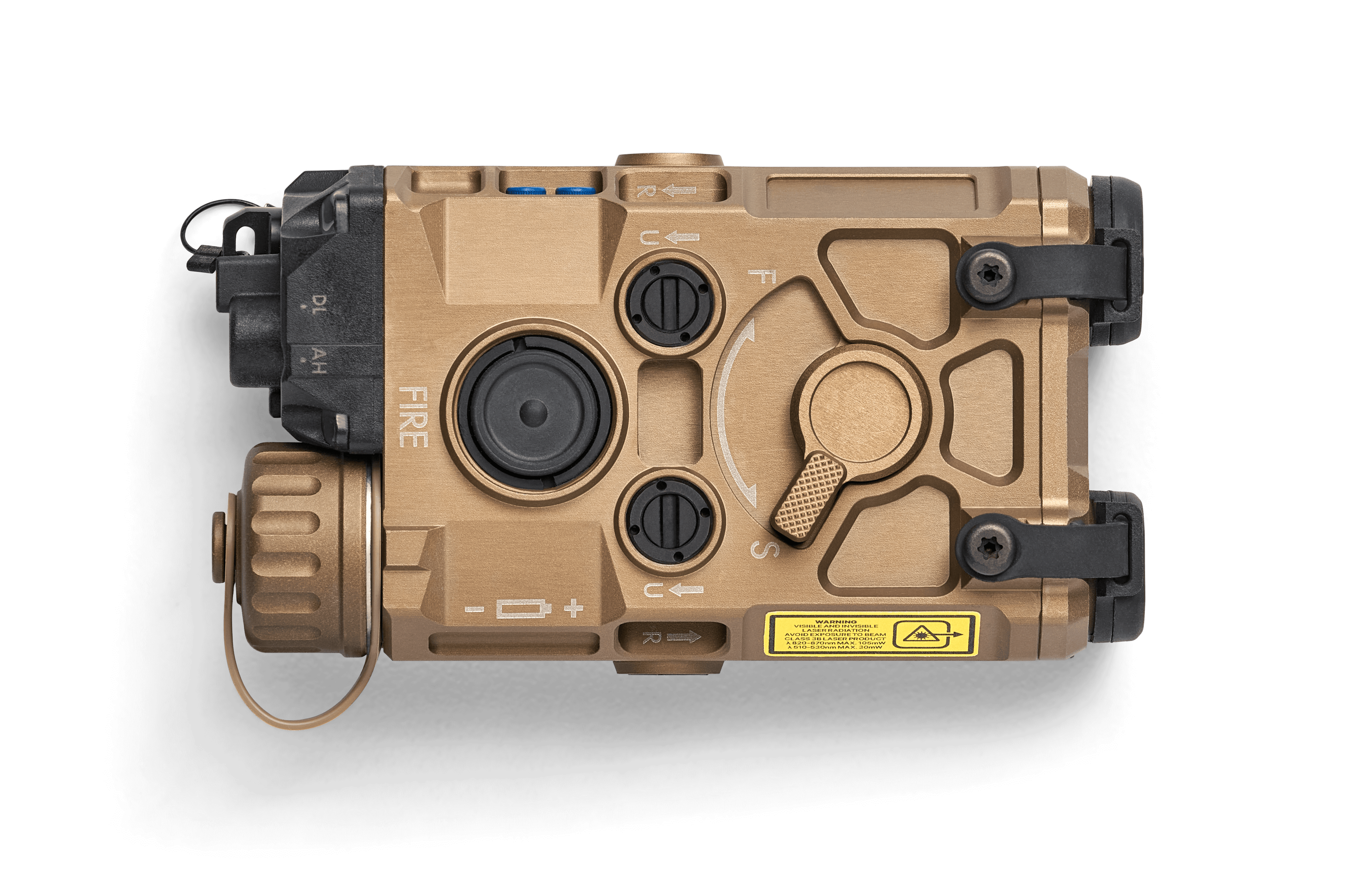 Tan EOTECH OGL On Gun Laser bottom view on white background.