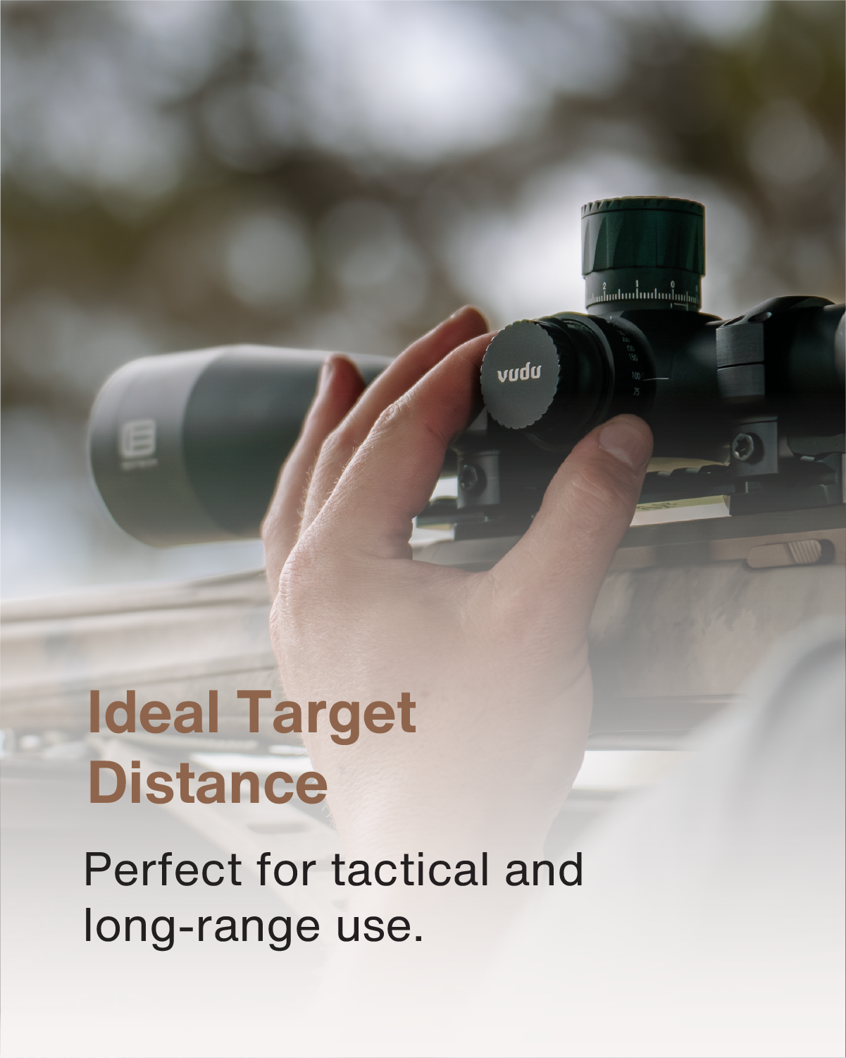 Hand holding a EOTECH Vudu rifle scope with text about target distance and use.