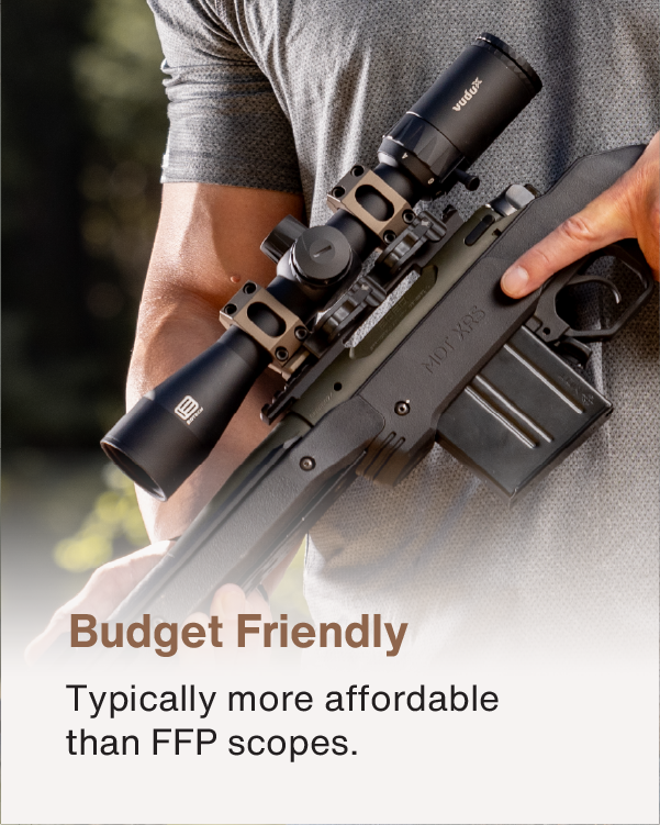 Person holding a rifle with a EOTECH Vudu scope, text 'Budget Friendly' and 'Typically more affordable than FFP scopes.'