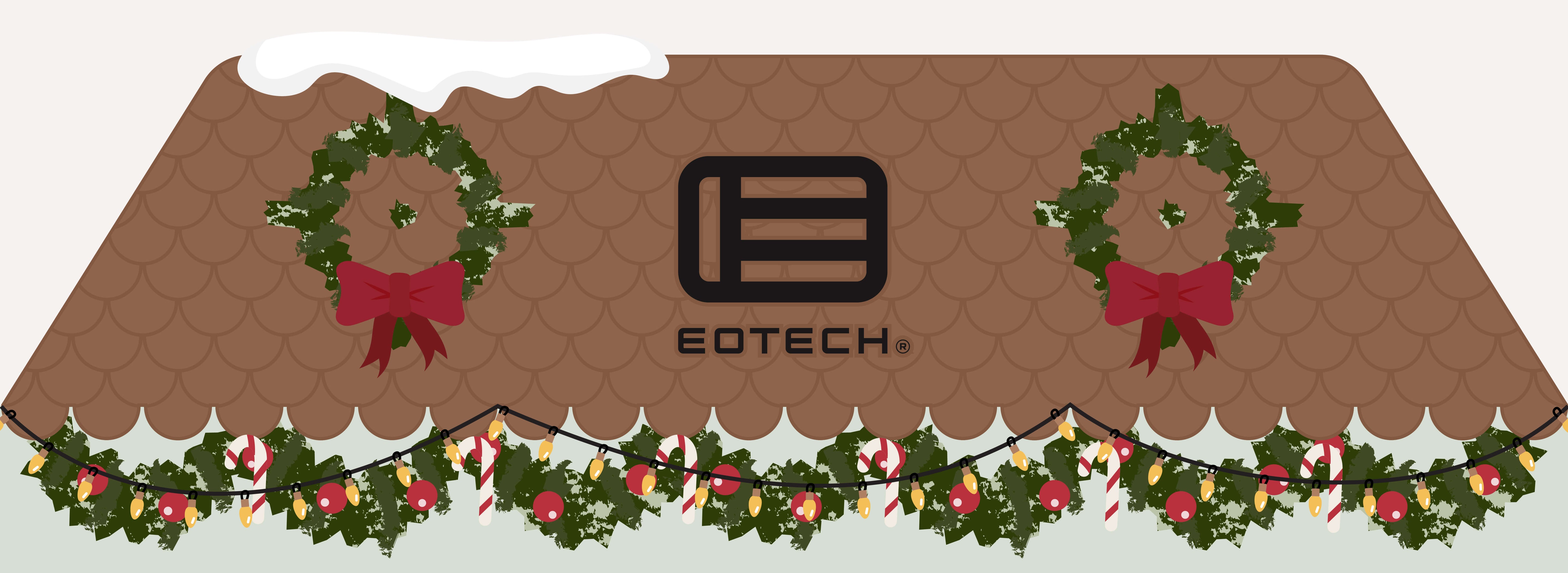 Decorative Eotech logo with Christmas wreaths and garland on a brown background