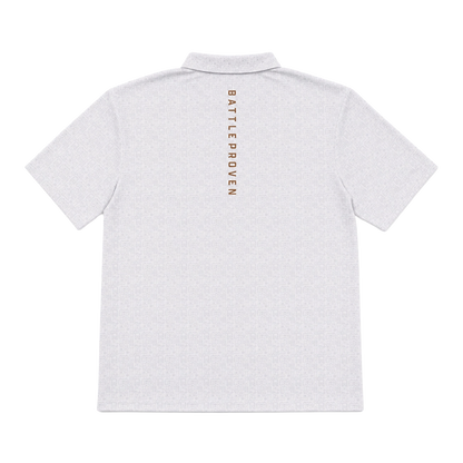 A light EOTECH short-sleeve polo shirt shown from the back, featuring 'BATTLE PROVEN' printed vertically in brown on the upper back.