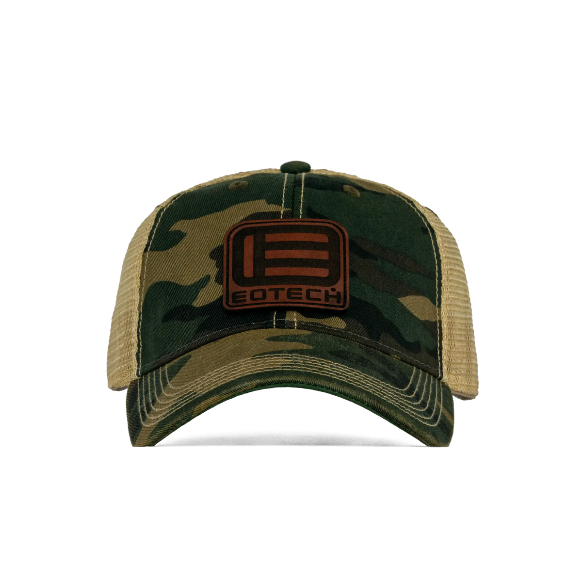 A camouflage trucker hat with tan mesh back panels and a brown rectangular patch on the front featuring the EOTECH logo.