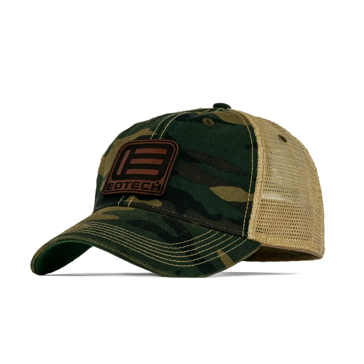 A camouflage trucker hat with a tan mesh back and a brown leather patch on the front that reads EOTECH.