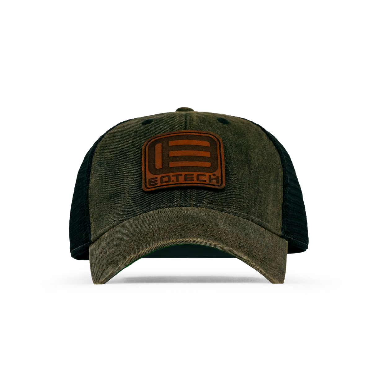 A dark olive green and black trucker-style baseball cap with a brown leather patch on the front featuring the EOTECH logo, shown against a plain white background.