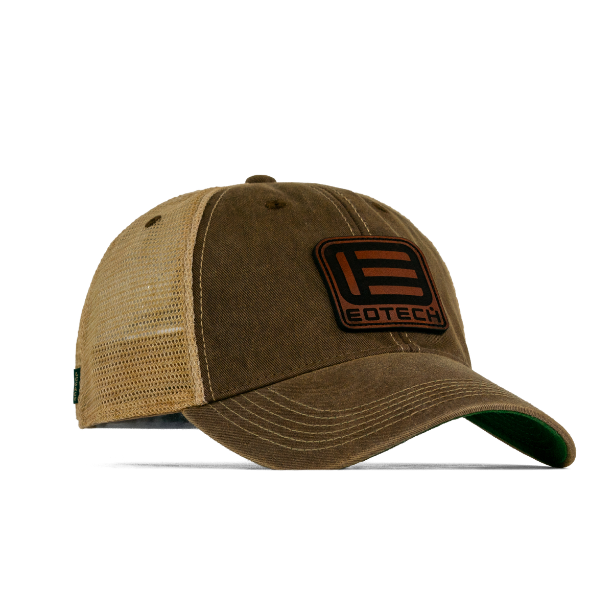 A brown and tan trucker-style baseball cap with a mesh back, featuring a prominent brown rectangular patch on the front with the EOTECH logo and text.