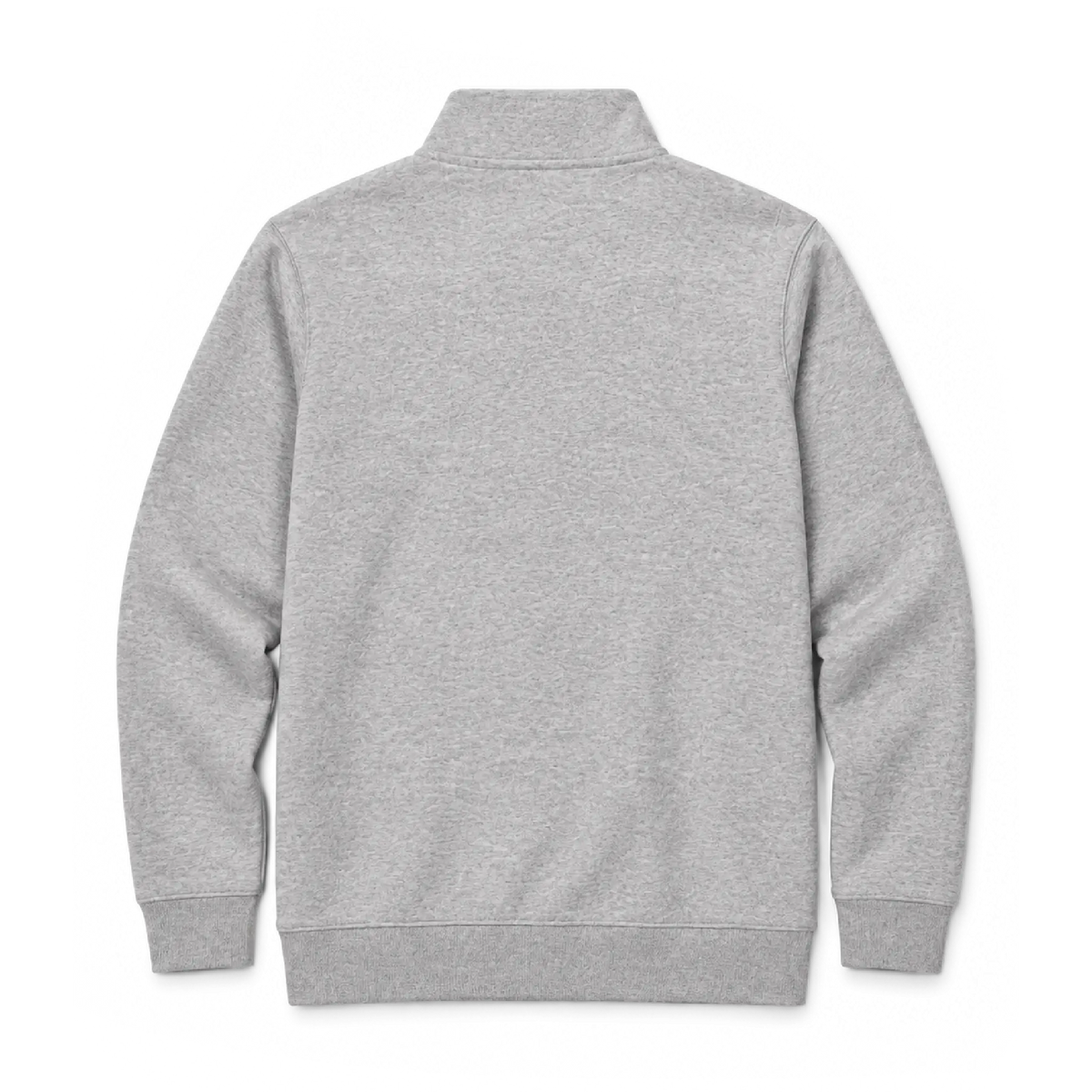 The back of a gray under armour fleece quarter zip pullup.