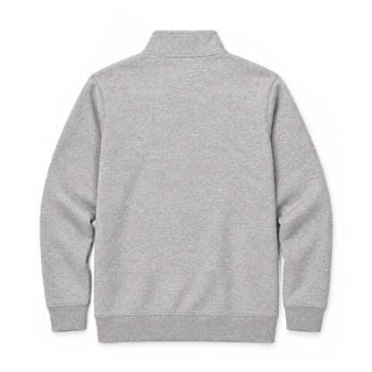 The back of a gray under armour fleece quarter zip pullup.