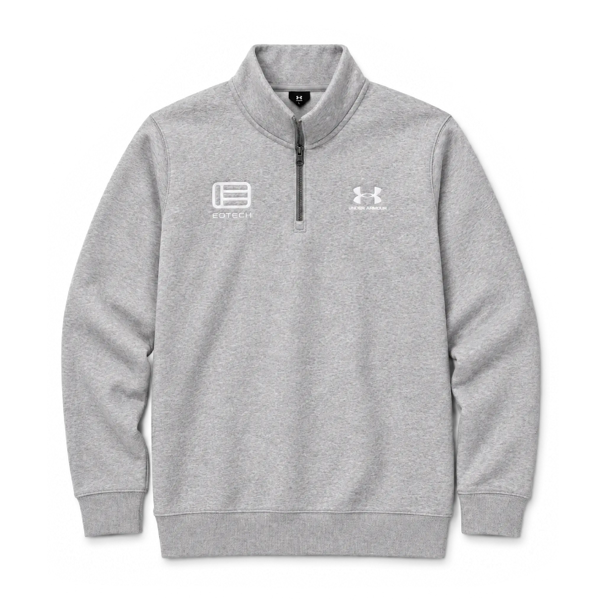 The front of a gray under armour fleece quarter zip pullup with EOTECH embroidered in white.