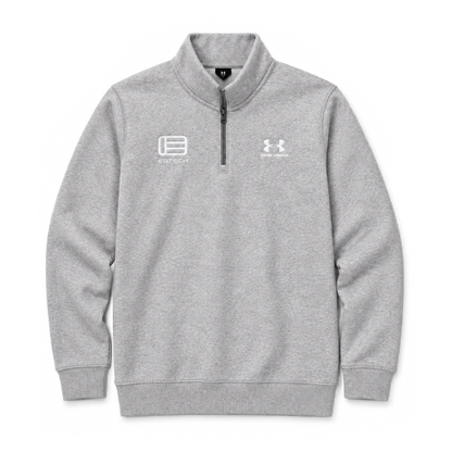The front of a gray under armour fleece quarter zip pullup with EOTECH embroidered in white.
