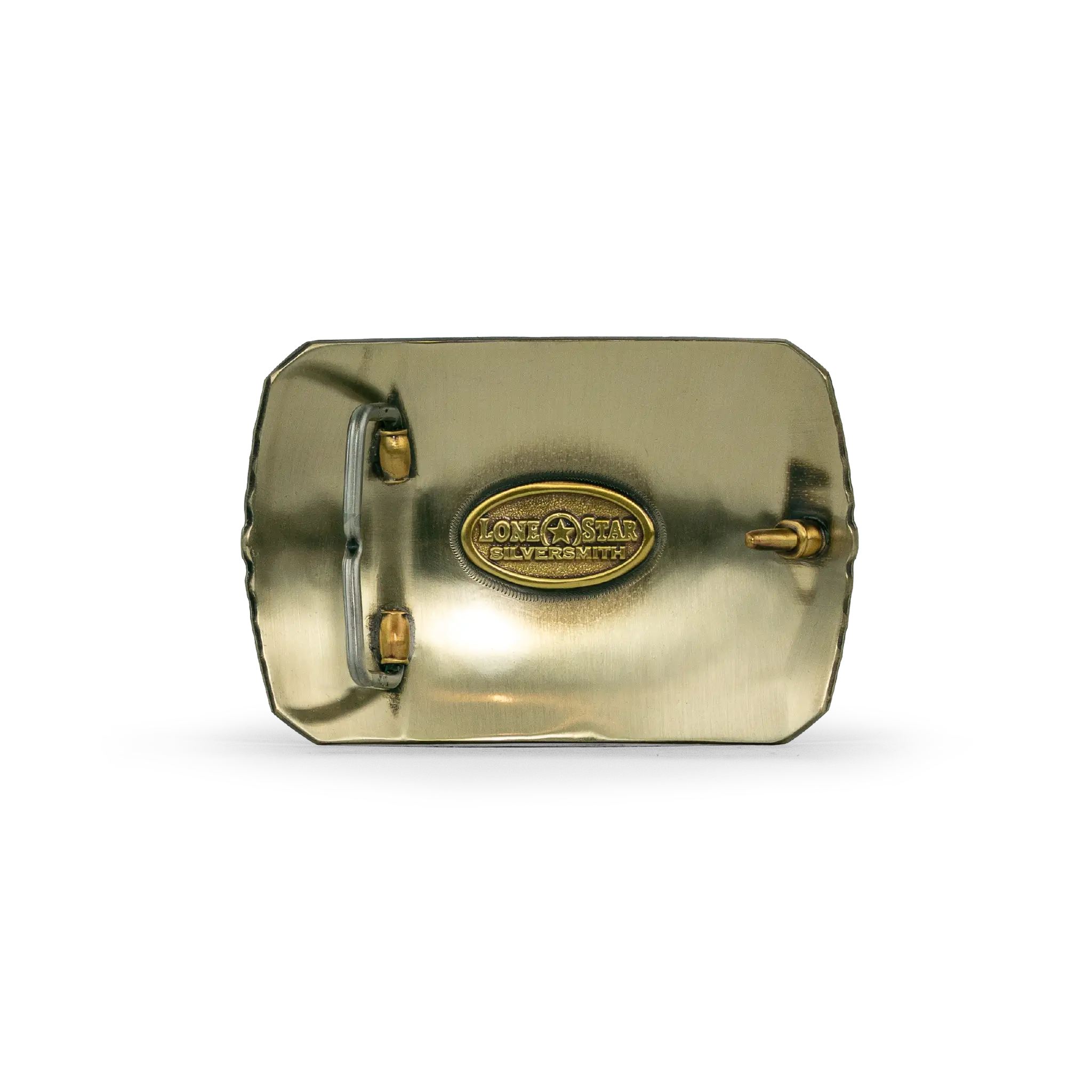 A gold-finished metal belt buckle with a central oval emblem reading 'Lone Star Silversmith', shown on a plain white background.