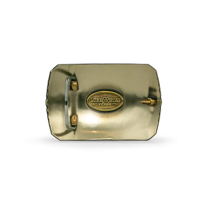 A gold-finished metal belt buckle with a central oval emblem reading 'Lone Star Silversmith', shown on a plain white background.