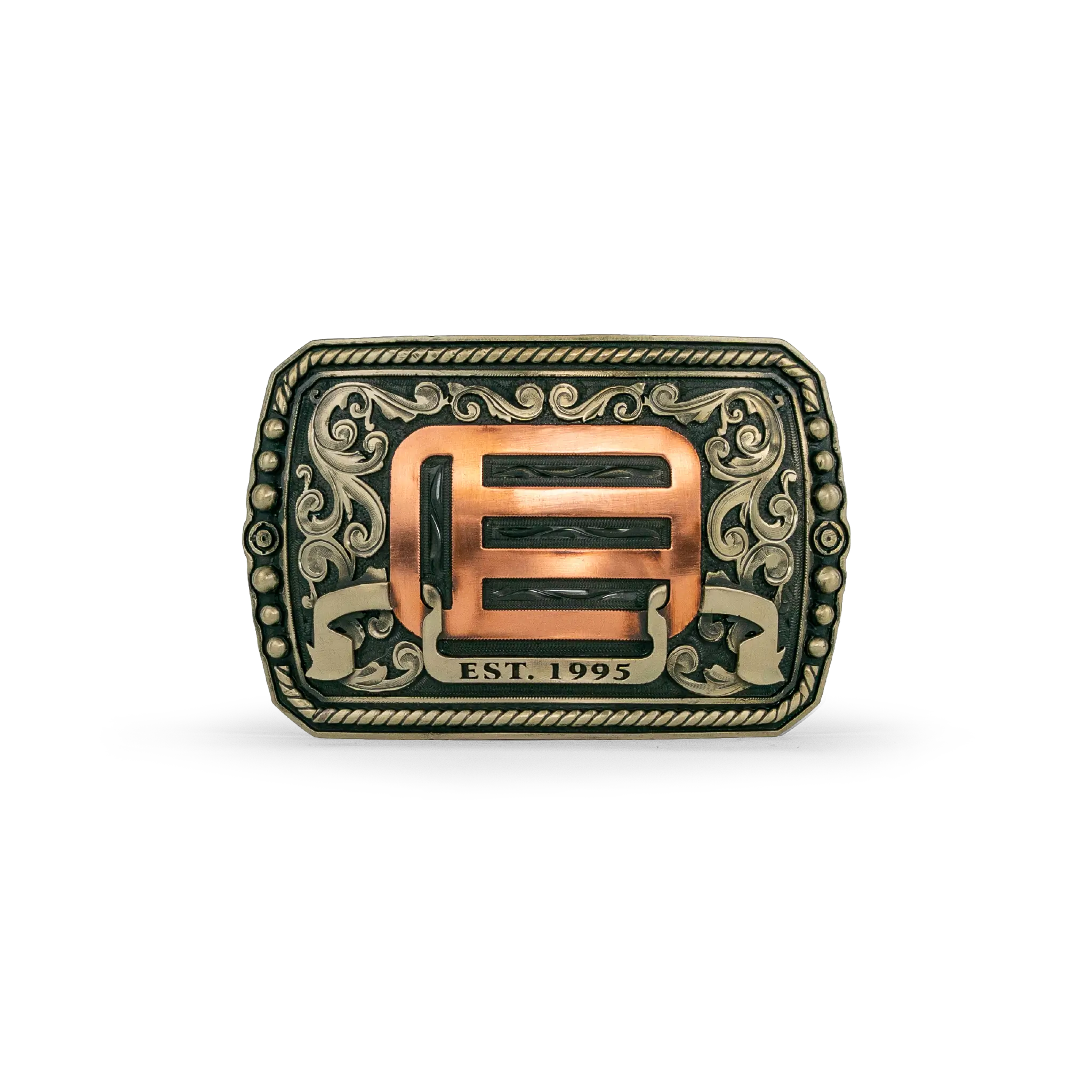 An ornate western-style belt buckle with gold-toned metal edges, and copper-toned EOTECH logo and scrollwork on a white background.