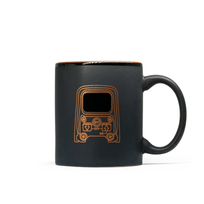 Black mug with a brown outline of a HWS design on a white background