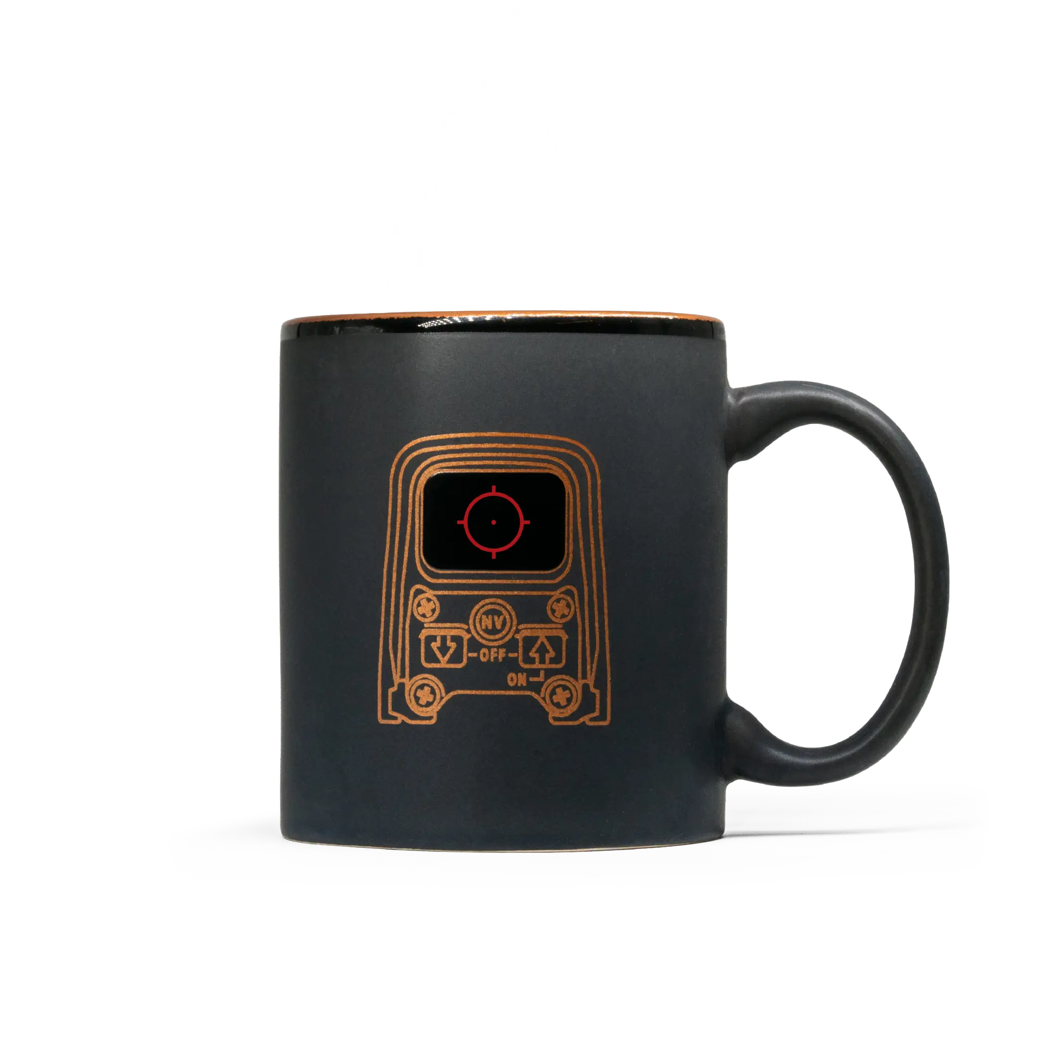 Black mug with a HWS outline design on a white background