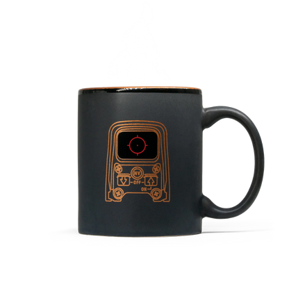 Black mug with a HWS outline design on a white background