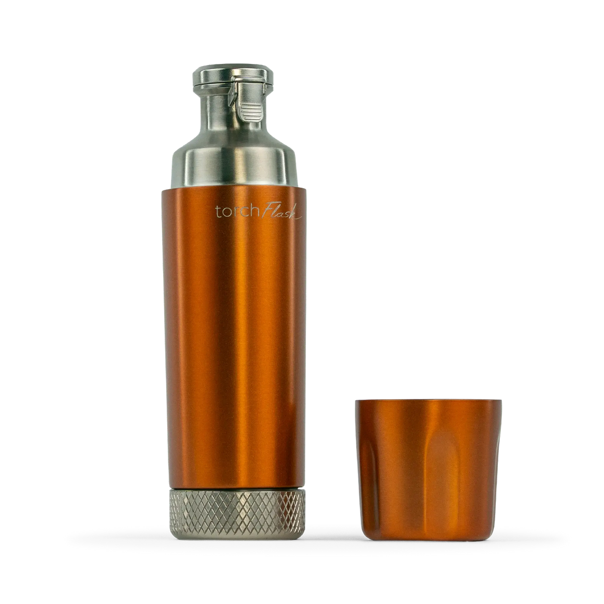 An copper metallic cylindrical flask with a silver top and bottom, shown next to its matching copper top on a white background. The brand name 'torch flask' is visible on the side of the flask