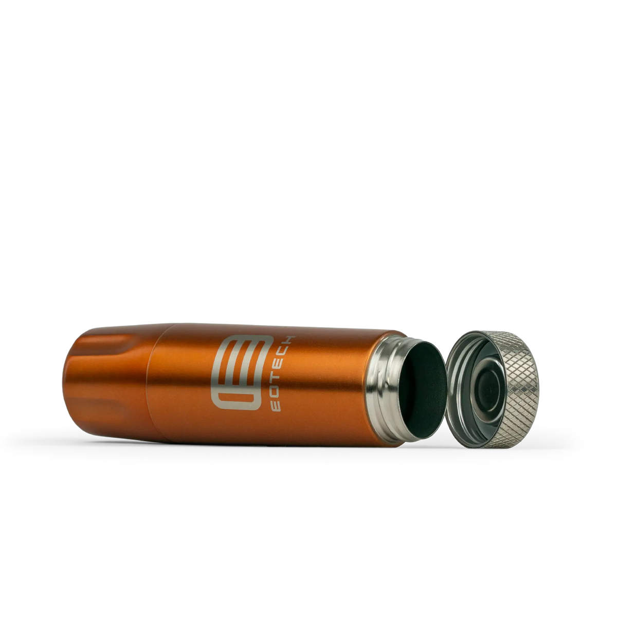 A copper metallic insulated flask shown horizontally with its silver screw cap removed and placed beside it, on a clean white background. The flask has a white 'EOTECH' logo printed on the side.