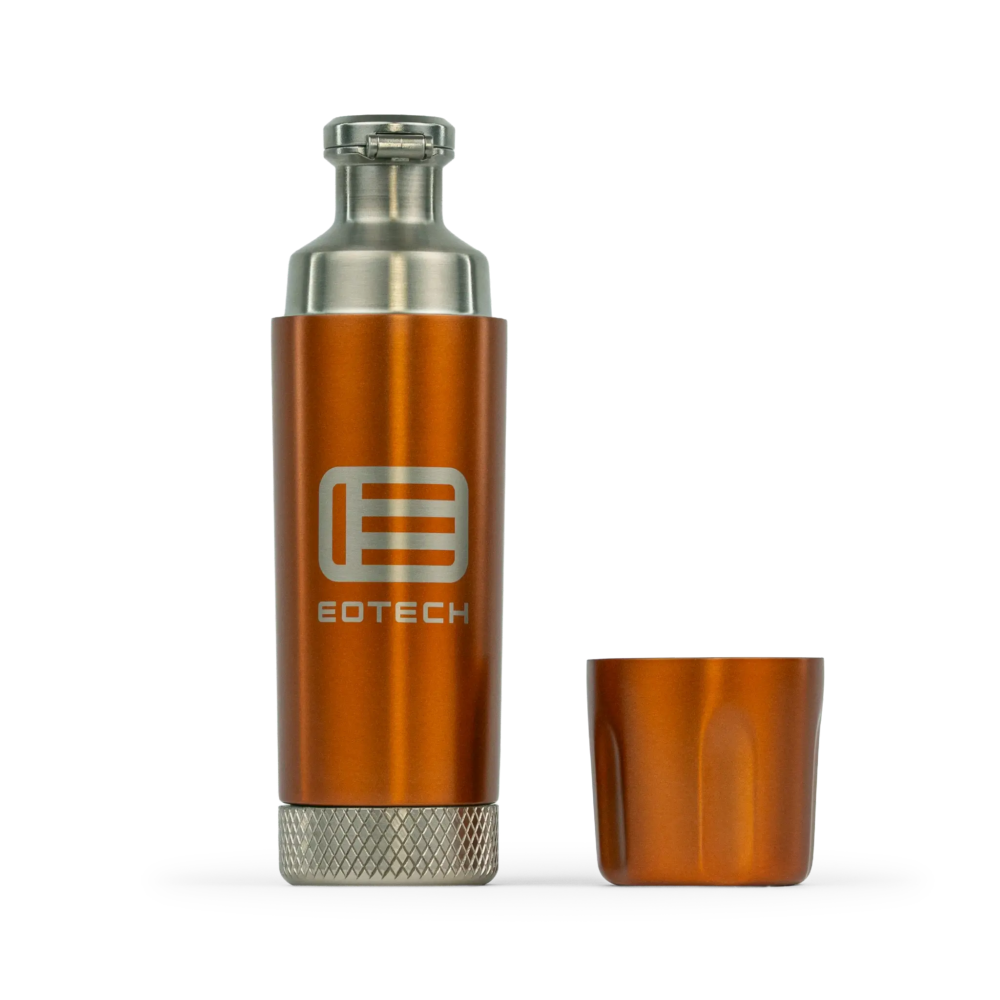 An EOTECH metallic copper flask with a silver stainless steel mouthpiece and base, shown next to its matching copper lid on a white background.