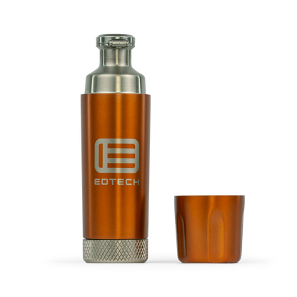 An EOTECH metallic copper flask with a silver stainless steel mouthpiece and base, shown next to its matching copper lid on a white background.