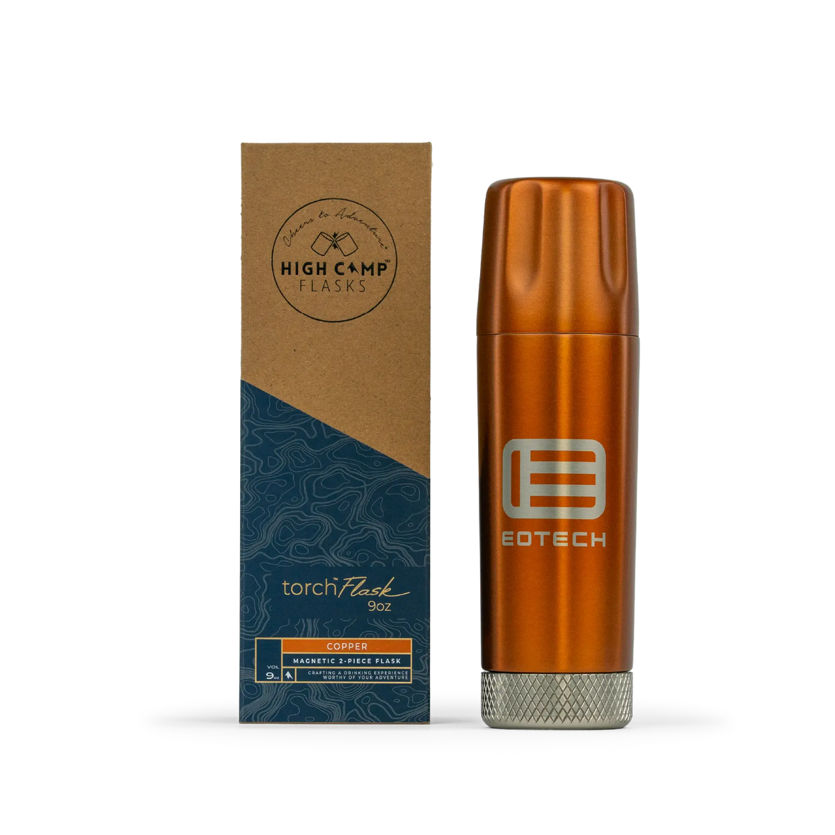 High Camp Flask box next to copper flask with EOTECH logo on it