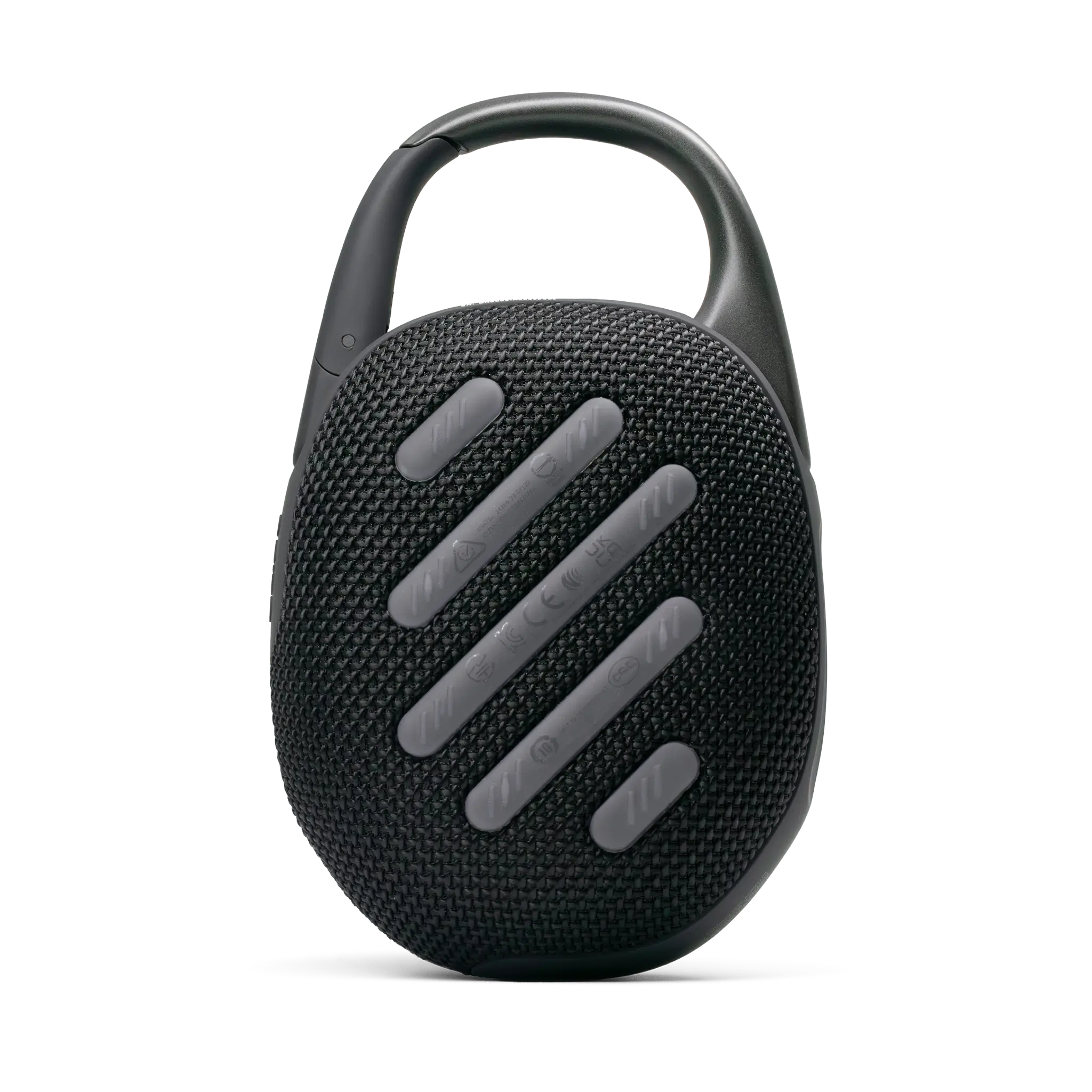 Rear view of the custom EOTECH Edition JBL Clip 5 portable Bluetooth speaker showing the integrated carabiner and rear controls.