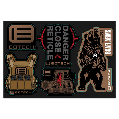 EOTECH sticker pack featuring tactical graphics, bear illustration, and optics designs
