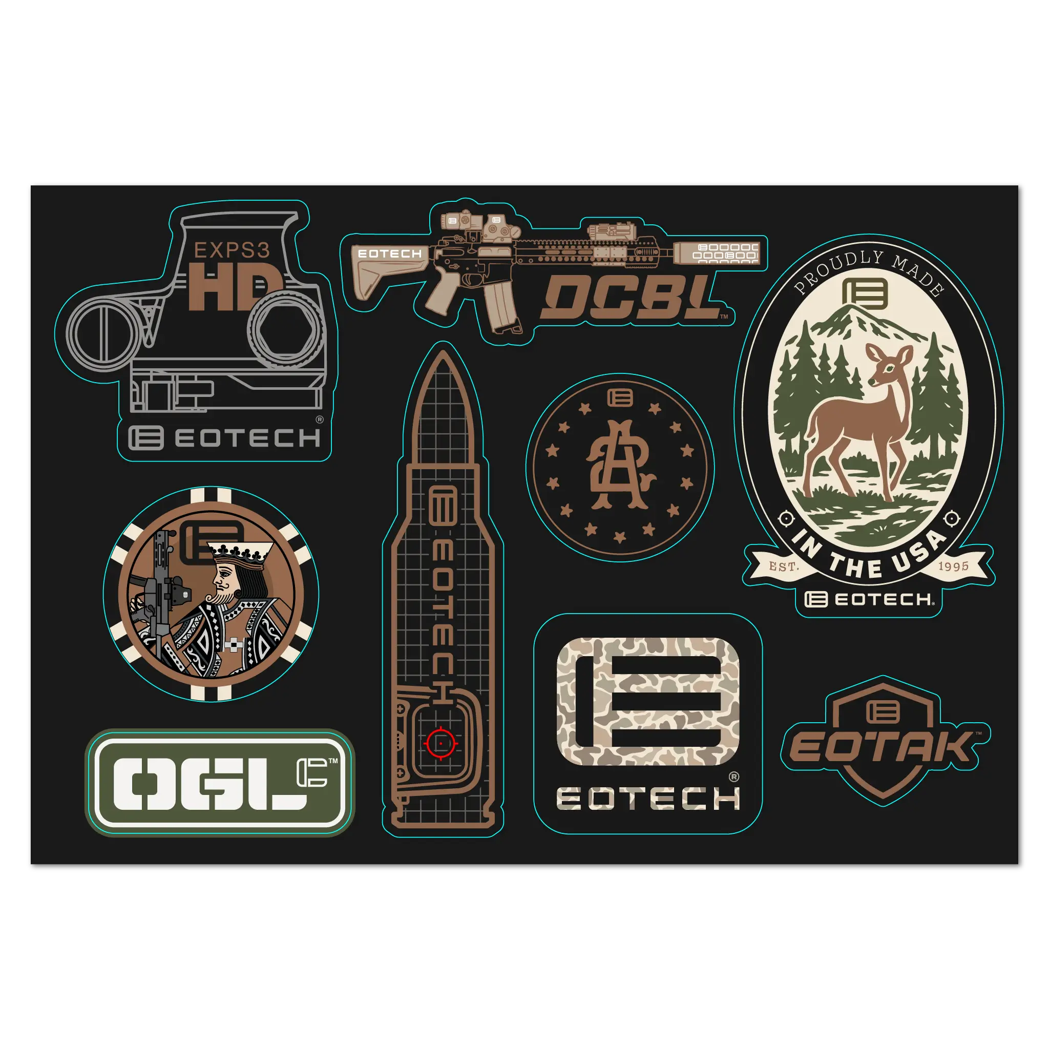 EOTECH sticker pack with optics, ammunition, and made in USA themed designs