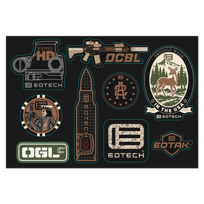 EOTECH sticker pack with optics, ammunition, and made in USA themed designs