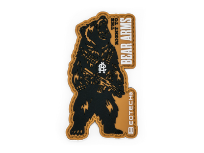 Bear-shaped patch with 'Bear Arms' and 'Eotech' logos on a white background