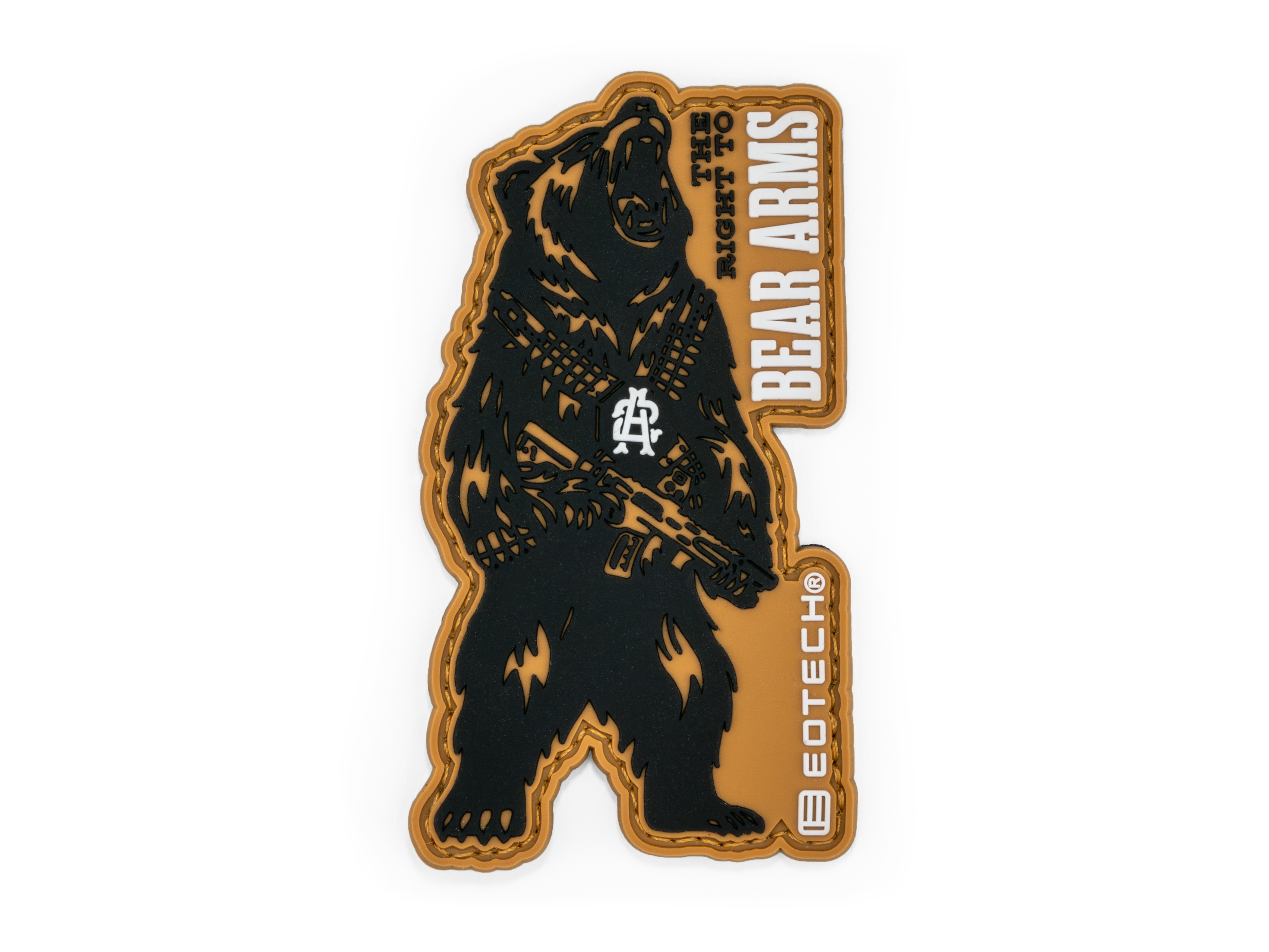 Bear-shaped patch with 'Bear Arms' and 'Eotech' logos on a white background