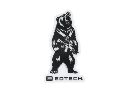 Sticker of a bear holding a rifle with EOTECH logo below on a white background