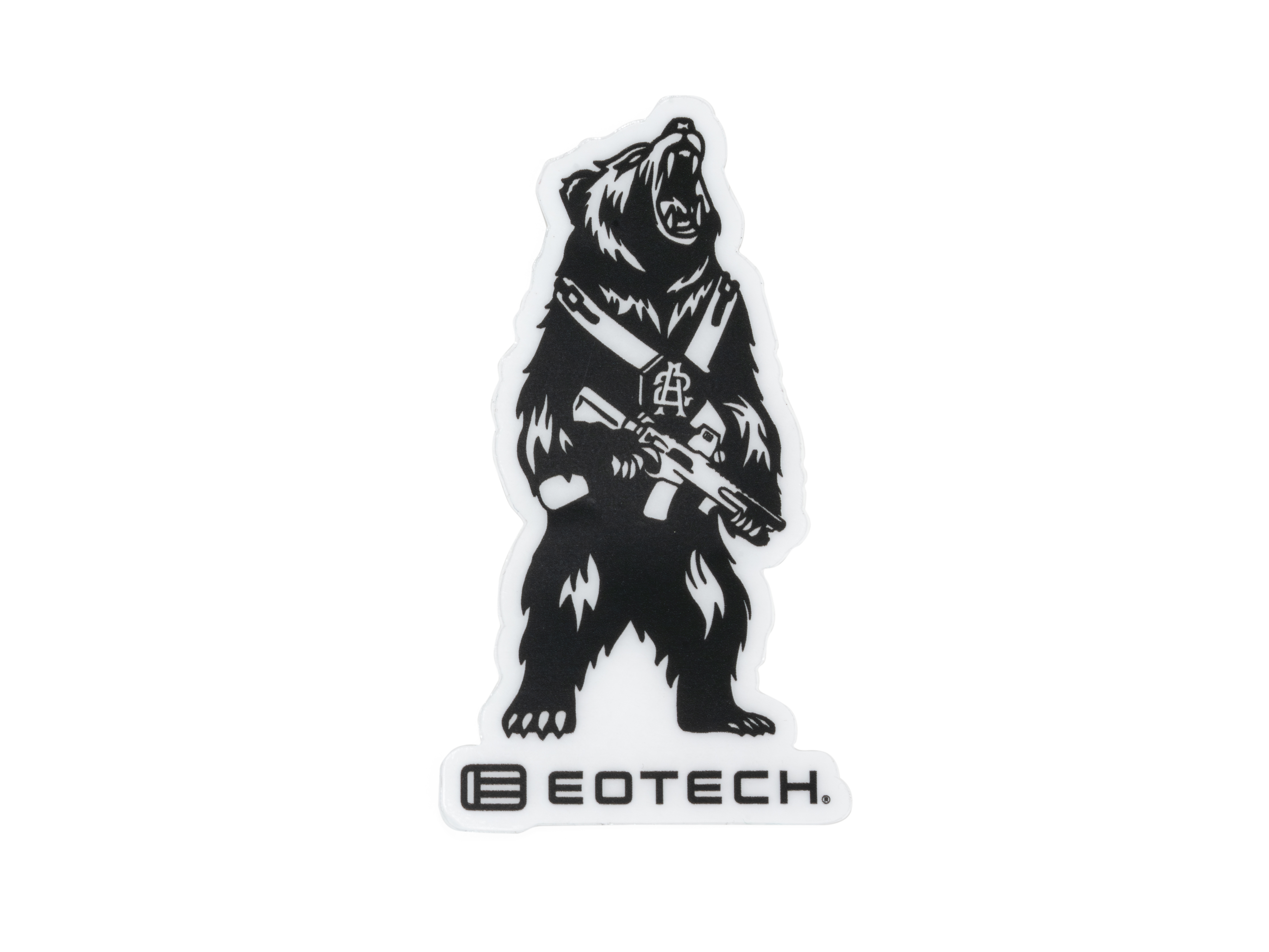 Sticker of a bear holding a rifle with EOTECH logo below on a white background