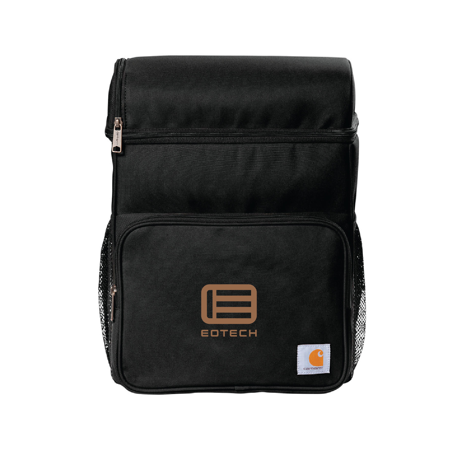Black backpack with Eotech and Carhartt logos on a white background