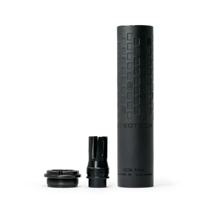 Black DCBL EOTECH Suppressor with attachments on a white background