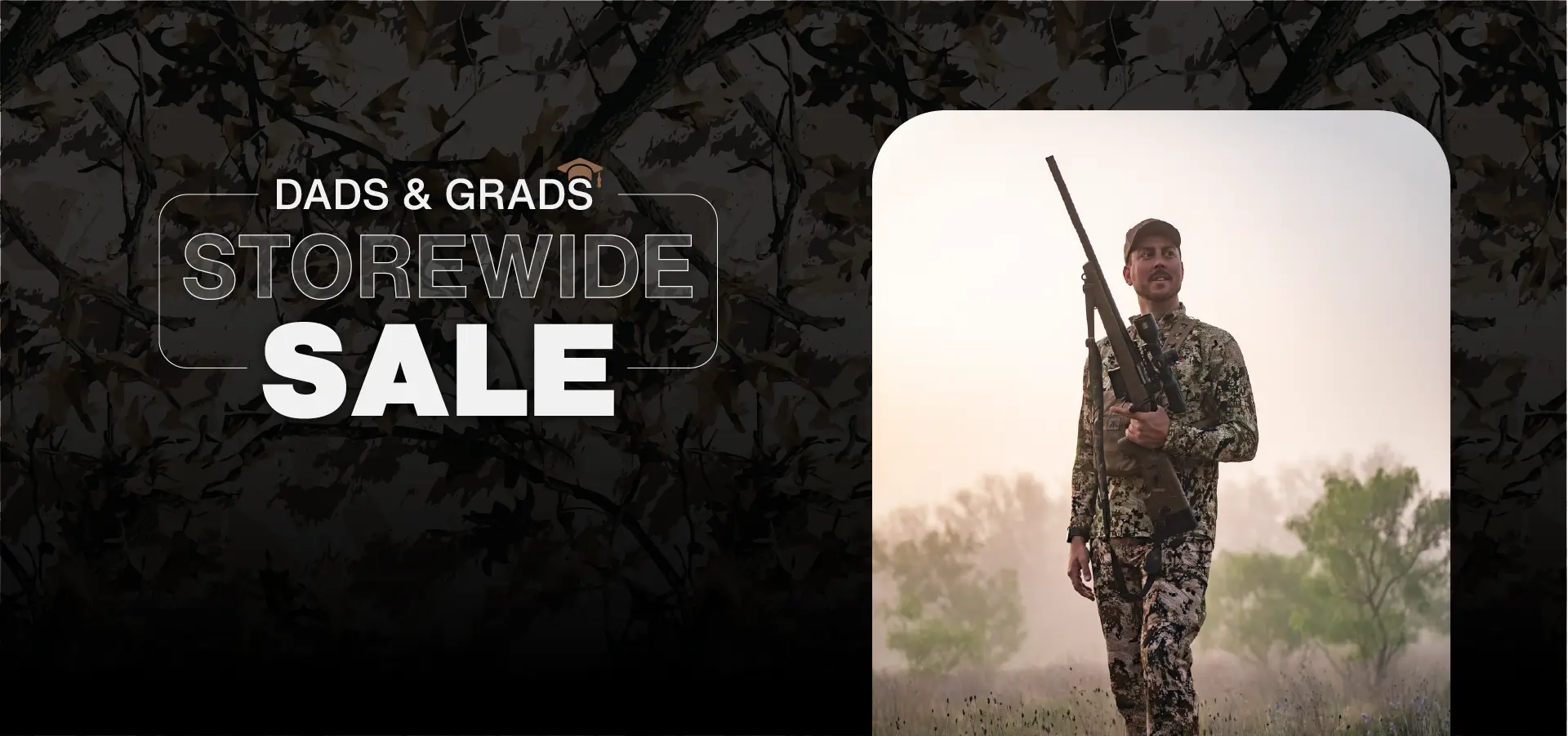 Man holding a rifle with 'Dads & Grads Storewide Sale' text overlay on a dark background.