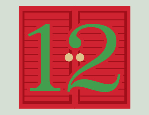 Red advent calendar with green number '12' on a light gray background